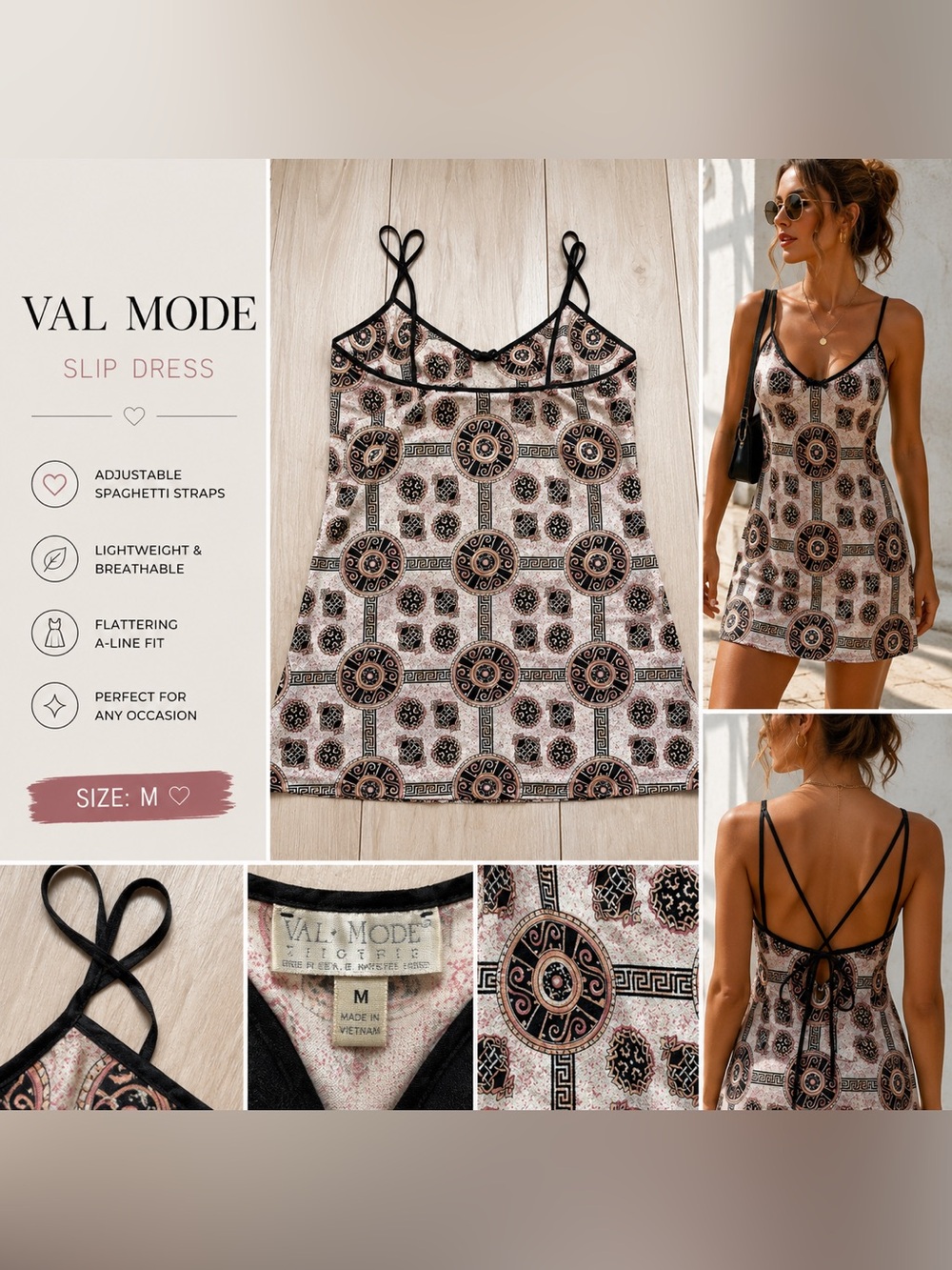 Y2K Val Mode Abstract Print Slip Dress Mini Spaghetti Strap Pink Black Size M